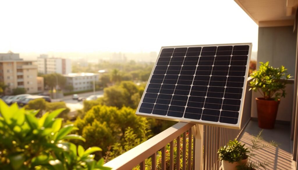 A balcony with a well-positioned solar panel installation, bathed in warm, natural sunlight. The panel is mounted securely on the railing, angled optimally to capture the sun's rays. The surrounding environment features lush, verdant plants and a serene, urban landscape in the background. The overall scene conveys a sense of sustainability, efficiency, and harmony between technology and nature. The lighting is soft and diffused, creating a peaceful, inviting atmosphere. The camera angle is slightly elevated, providing a clear, unobstructed view of the solar panel setup. A balcony with a well-positioned solar panel installation, bathed in warm, natural sunlight. The panel is mounted securely on the railing, angled optimally to capture the sun's rays. The surrounding environment features lush, verdant plants and a serene, urban landscape in the background. The overall scene conveys a sense of sustainability, efficiency, and harmony between technology and nature. The lighting is soft and diffused, creating a peaceful, inviting atmosphere. The camera angle is slightly elevated, providing a clear, unobstructed view of the solar panel setup.