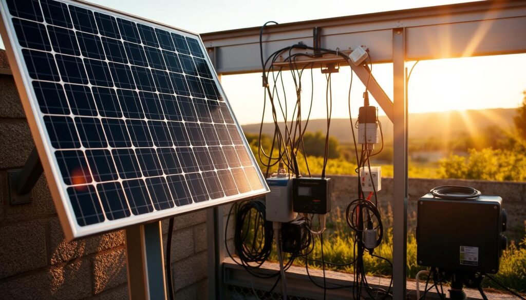 A clean, well-lit installation of a reliable solar panel system. In the foreground, a sturdy solar panel mounted on a sturdy metal frame, casting a warm, natural glow. In the middle ground, various wiring and electrical components neatly organized and connected, showcasing a professional, streamlined setup. The background features a serene, sun-dappled landscape, emphasizing the integration of renewable energy into the natural environment. The overall scene conveys a sense of efficiency, durability, and environmental harmony, suitable for illustrating the "Étapes pour un raccordement fiable" section of the article. A clean, well-lit installation of a reliable solar panel system. In the foreground, a sturdy solar panel mounted on a sturdy metal frame, casting a warm, natural glow. In the middle ground, various wiring and electrical components neatly organized and connected, showcasing a professional, streamlined setup. The background features a serene, sun-dappled landscape, emphasizing the integration of renewable energy into the natural environment. The overall scene conveys a sense of efficiency, durability, and environmental harmony, suitable for illustrating the "Étapes pour un raccordement fiable" section of the article.