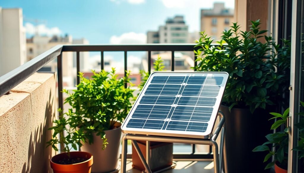 A cozy balcony bathed in warm sunlight, featuring a sleek and compact solar panel kit. The kit sits atop a sturdy metal frame, its glossy surface reflecting the sky above. Surrounding the panel are lush potted plants, adding a touch of greenery to the urban setting. The panel's efficient design and discreet size make it a practical and aesthetically pleasing addition to the balcony, harnessing the sun's energy to power small electrical devices. A sense of eco-friendly convenience and sustainable living permeates the scene, inviting the viewer to imagine the possibilities of this compact solar solution for their own balcony. A cozy balcony bathed in warm sunlight, featuring a sleek and compact solar panel kit. The kit sits atop a sturdy metal frame, its glossy surface reflecting the sky above. Surrounding the panel are lush potted plants, adding a touch of greenery to the urban setting. The panel's efficient design and discreet size make it a practical and aesthetically pleasing addition to the balcony, harnessing the sun's energy to power small electrical devices. A sense of eco-friendly convenience and sustainable living permeates the scene, inviting the viewer to imagine the possibilities of this compact solar solution for their own balcony.