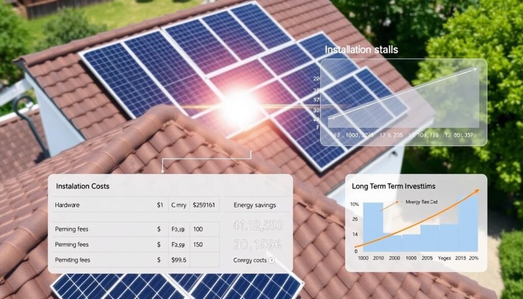 A detailed diagram of a residential solar power installation, showcasing the key components and factors contributing to its economic viability. The foreground features a rooftop solar panel array, its sleek black panels capturing the sun's rays with precision. In the middle ground, a breakdown of the installation costs, including hardware, labor, and permitting fees, is presented in a clear, informative manner. The background depicts a chart or graph illustrating the long-term financial benefits, such as energy cost savings, government incentives, and return on investment over time. The overall scene conveys a sense of practical, data-driven decision-making, guiding the viewer towards a well-informed understanding of the economic factors behind solar power adoption.