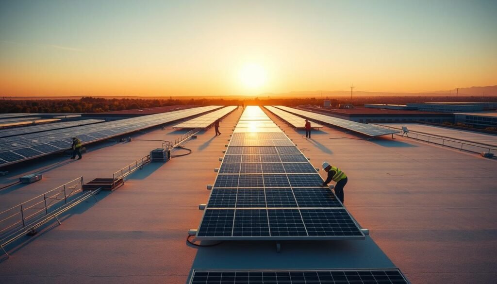 A detailed step-by-step installation process for a flat-roof solar panel system, captured in a meticulously crafted image. The foreground showcases the key steps - mounting the panels, connecting the wiring, and securing the structure. The middle ground features the solar panels in various stages of installation, with technicians diligently at work. The background depicts the expansive flat roof, bathed in warm, golden sunlight, conveying a sense of progress and accomplishment. The image is shot from an elevated angle, providing a comprehensive overview of the installation workflow, with clean lines, precise shadows, and a harmonious composition that visually communicates the key stages of this specialized solar panel installation.