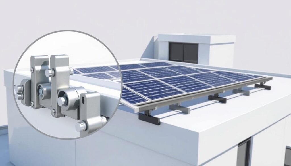A detailed technical diagram showcasing a flat roof solar panel mounting system. In the foreground, a close-up view of the hardware components, including clamps, brackets, and rails, all rendered in high-resolution. The middle ground features the solar panels installed on the flat roof, with precise alignment and spacing. The background depicts the building exterior, with a clean, minimalist architectural style. Lighting is sharp and directional, casting shadows that highlight the structural elements. The overall tone is informative and technical, suitable for illustrating a safety guide on flat roof solar panel installation.