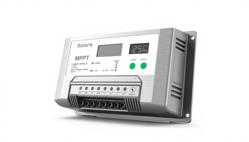 A highly detailed, realistic 3D illustration of a MPPT solar charge controller. The device is shown against a plain white background, allowing it to be the sole focus. The controller has a sleek, modern design with a brushed metal casing and clearly labeled inputs and outputs. The front panel displays the current charge status and energy output metrics. The image is captured at a slight angle, showcasing the controller's depth and dimension. The lighting is bright and even, ensuring every component is clearly visible. The overall impression is one of high quality, reliable engineering - a crucial component for a robust solar power setup. A highly detailed, realistic 3D illustration of a MPPT solar charge controller. The device is shown against a plain white background, allowing it to be the sole focus. The controller has a sleek, modern design with a brushed metal casing and clearly labeled inputs and outputs. The front panel displays the current charge status and energy output metrics. The image is captured at a slight angle, showcasing the controller's depth and dimension. The lighting is bright and even, ensuring every component is clearly visible. The overall impression is one of high quality, reliable engineering - a crucial component for a robust solar power setup.