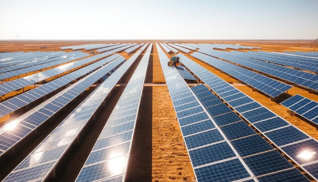 A large-scale solar panel installation situated in a wide, open field under a bright, clear sky. The panels are arranged in neat, parallel rows, glistening in the warm sunlight. In the foreground, the metallic frames and reflective surfaces of the solar panels dominate the scene, creating a sense of scale and technological prowess. The middle ground features a few maintenance vehicles or workers, emphasizing the functional nature of the installation. In the background, the horizon is unobstructed, conveying a sense of expansiveness and the potential for renewable energy generation. The overall tone is one of efficiency, sustainability, and the promise of clean, abundant power. A large-scale solar panel installation situated in a wide, open field under a bright, clear sky. The panels are arranged in neat, parallel rows, glistening in the warm sunlight. In the foreground, the metallic frames and reflective surfaces of the solar panels dominate the scene, creating a sense of scale and technological prowess. The middle ground features a few maintenance vehicles or workers, emphasizing the functional nature of the installation. In the background, the horizon is unobstructed, conveying a sense of expansiveness and the potential for renewable energy generation. The overall tone is one of efficiency, sustainability, and the promise of clean, abundant power.
