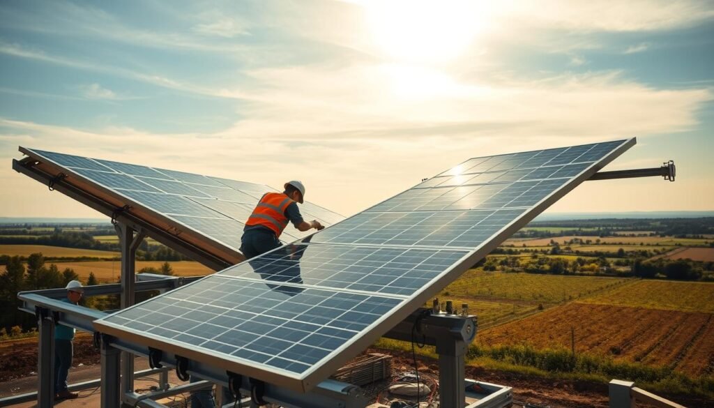 A meticulously-crafted scene showcasing the installation of a state-of-the-art aérovoltaïque system. In the foreground, workers carefully mounting sleek, modern solar panels onto a sturdy metal frame, their movements precise and efficient. The middle ground reveals the framework taking shape, with intricate cabling and mounting hardware being expertly assembled. In the background, a picturesque rural landscape unfolds, hinting at the sustainable integration of this renewable energy technology into the natural environment. Soft, diffused sunlight filters through wispy clouds, casting a warm, golden glow over the entire scene. The overall composition conveys a sense of purposeful progress, highlighting the care and expertise required to bring this innovative system to life.