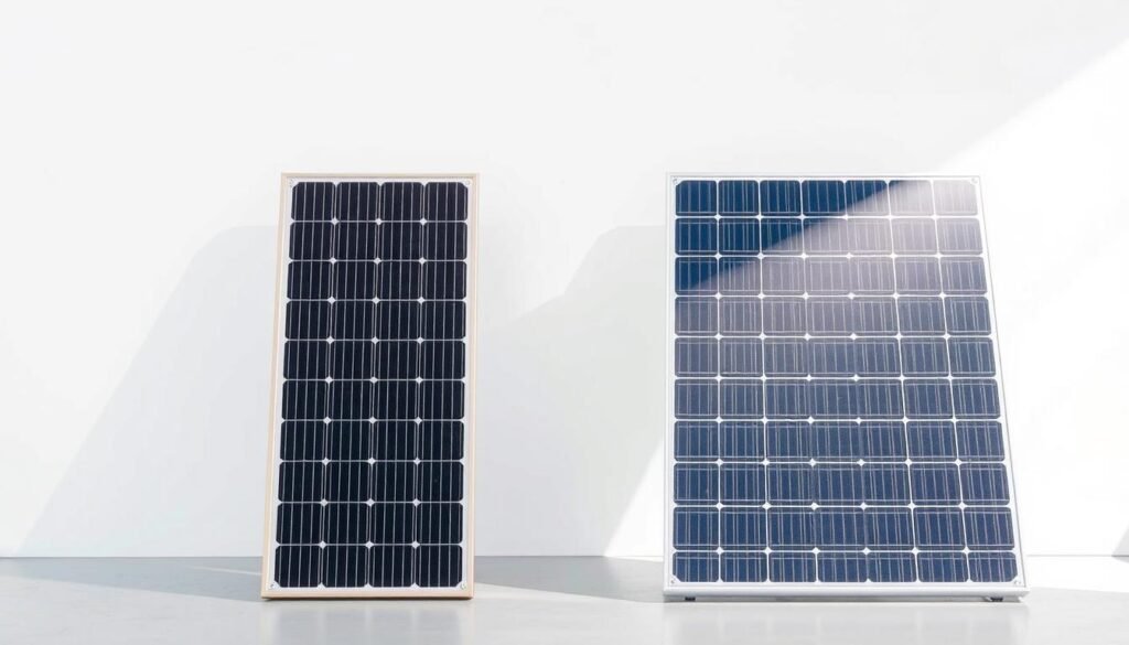 A side-by-side comparison of a photovoltaic solar panel and an aerovoltaic solar panel, set against a clean, minimalist backdrop. The photovoltaic panel has a classic, rigid rectangular frame, while the aerovoltaic panel is sleek and curved, with a dynamic, wind-inspired design. Soft, directional lighting highlights the textures and materials of each panel, emphasizing their distinct visual characteristics. The composition is balanced and symmetrical, inviting the viewer to closely examine the technical details and subtle differences between these two solar energy technologies.