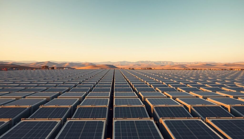 A sprawling array of modern solar energy storage batteries, arranged in a harmonious and organized layout. The sleek, metallic enclosures gleam under warm, diffused lighting, casting subtle shadows across the neatly arranged rows. In the background, a blurred landscape of rolling hills and a cloudless sky, suggesting an off-grid, self-sustaining energy solution. The foreground focuses on the intricate details of the battery interconnections, conveyingtechnical sophistication and the promise of renewable energy independence. The overall composition exudes a sense of balance, efficiency, and the future of sustainable power generation.