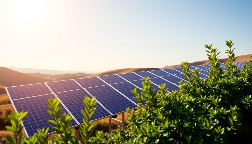 A sun-drenched landscape featuring a row of sleek, modern solar panels mounted on sturdy frames. The panels are set against a backdrop of rolling hills and a clear, azure sky, bathed in warm, golden light. In the foreground, lush green foliage frames the scene, creating a sense of harmony between the natural and the technological. The panels are arranged in a symmetrical, grid-like pattern, conveying a sense of efficiency and organization. The image exudes a sense of renewable energy and environmental sustainability, perfectly capturing the essence of the "Aides et subventions pour les installations solaires en France" section of the article. A sun-drenched landscape featuring a row of sleek, modern solar panels mounted on sturdy frames. The panels are set against a backdrop of rolling hills and a clear, azure sky, bathed in warm, golden light. In the foreground, lush green foliage frames the scene, creating a sense of harmony between the natural and the technological. The panels are arranged in a symmetrical, grid-like pattern, conveying a sense of efficiency and organization. The image exudes a sense of renewable energy and environmental sustainability, perfectly capturing the essence of the "Aides et subventions pour les installations solaires en France" section of the article.