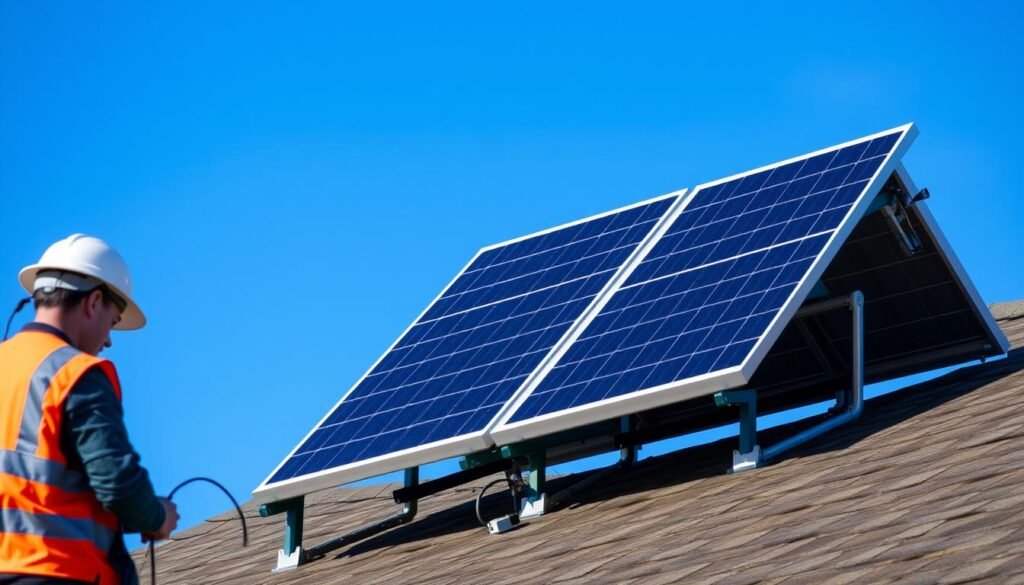 A well-designed solar panel installation against a crisp, blue sky, with sleek, modern panels mounted on a sturdy metal frame. The panels are angled to capture the sun's rays efficiently, casting subtle shadows across the rooftop. In the foreground, a technician in a safety vest inspects the wiring, ensuring the system is functioning optimally. The overall scene conveys a sense of clean, renewable energy and a commitment to sustainable living.