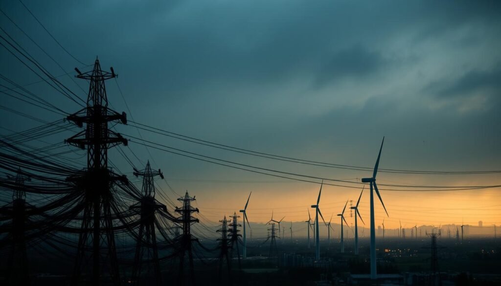 An industrial-style cityscape at dusk, with towering wind turbines casting long shadows across the landscape. In the foreground, a tangled web of power lines and electrical infrastructure, symbolizing the complexities and drawbacks of aérovoltaïque technology. The sky is hazy and overcast, adding a sense of moodiness and uncertainty. In the middle ground, a small residential area with homes and businesses, suggesting the potential impact on local communities. The background features a sprawling urban center, hinting at the larger scale challenges of integrating aérovoltaïque into existing power grids and infrastructure. The lighting is dramatic, creating deep contrasts and a sense of foreboding. The overall composition conveys the inconveniences and difficulties associated with aérovoltaïque, from technological hurdles to societal disruption. An industrial-style cityscape at dusk, with towering wind turbines casting long shadows across the landscape. In the foreground, a tangled web of power lines and electrical infrastructure, symbolizing the complexities and drawbacks of aérovoltaïque technology. The sky is hazy and overcast, adding a sense of moodiness and uncertainty. In the middle ground, a small residential area with homes and businesses, suggesting the potential impact on local communities. The background features a sprawling urban center, hinting at the larger scale challenges of integrating aérovoltaïque into existing power grids and infrastructure. The lighting is dramatic, creating deep contrasts and a sense of foreboding. The overall composition conveys the inconveniences and difficulties associated with aérovoltaïque, from technological hurdles to societal disruption.