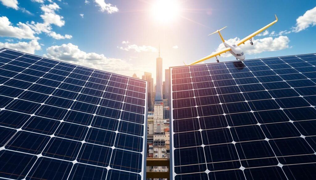 Detailed comparison of photovoltaic and aerovoltaic solar panels in a sleek, modern composition. In the foreground, side-by-side panels showcasing their distinct designs and features, capturing the technological differences. The middle ground depicts a dynamic urban landscape, with skyscrapers and infrastructure, highlighting the practical applications of these renewable energy solutions. The background features a vibrant, sun-drenched sky, conveying the abundant natural energy harnessed by these systems. Crisp lighting accentuates the panels' textures and materials, while a low camera angle emphasizes their scale and prominence. An authoritative, yet visually compelling scene that invites the viewer to examine the comparative merits of photovoltaic and aerovoltaic technologies. Detailed comparison of photovoltaic and aerovoltaic solar panels in a sleek, modern composition. In the foreground, side-by-side panels showcasing their distinct designs and features, capturing the technological differences. The middle ground depicts a dynamic urban landscape, with skyscrapers and infrastructure, highlighting the practical applications of these renewable energy solutions. The background features a vibrant, sun-drenched sky, conveying the abundant natural energy harnessed by these systems. Crisp lighting accentuates the panels' textures and materials, while a low camera angle emphasizes their scale and prominence. An authoritative, yet visually compelling scene that invites the viewer to examine the comparative merits of photovoltaic and aerovoltaic technologies.