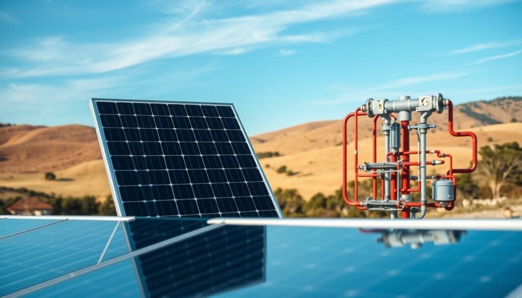 A detailed, high-resolution image of a thermal solar panel optimized for maximum efficiency. The panel is in the foreground, showcasing its sleek, modern design and advanced solar cell technology. The middle ground features a complex array of pipes and heat exchangers, illustrating the efficient heat transfer system. In the background, a scenic landscape with rolling hills and a clear blue sky creates a serene, natural setting. Soft, directional lighting illuminates the panel, highlighting its efficient performance. The overall composition conveys the importance of optimizing the thermal efficiency of solar panels for effective water heating applications. A detailed, high-resolution image of a thermal solar panel optimized for maximum efficiency. The panel is in the foreground, showcasing its sleek, modern design and advanced solar cell technology. The middle ground features a complex array of pipes and heat exchangers, illustrating the efficient heat transfer system. In the background, a scenic landscape with rolling hills and a clear blue sky creates a serene, natural setting. Soft, directional lighting illuminates the panel, highlighting its efficient performance. The overall composition conveys the importance of optimizing the thermal efficiency of solar panels for effective water heating applications.