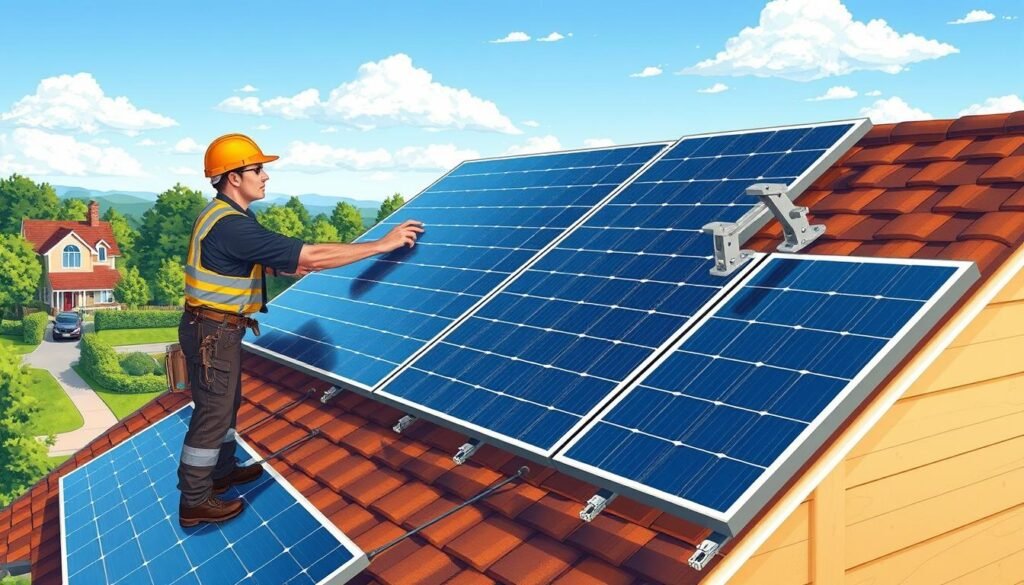 A detailed, step-by-step illustration of a technician securely fastening solar panels onto a residential rooftop. The scene shows the worker carefully positioning the panels, attaching them to the roof using specialized clamps and brackets, and ensuring a sturdy, weather-resistant installation. The background is a picturesque suburban setting with a clear blue sky, lush greenery, and the client's home in the distance. Warm, directional lighting casts natural shadows and highlights the textures of the roofing materials and solar panel components. The overall mood is one of professionalism, precision, and attention to detail, reflecting the care and expertise required for a successful solar panel installation. A detailed, step-by-step illustration of a technician securely fastening solar panels onto a residential rooftop. The scene shows the worker carefully positioning the panels, attaching them to the roof using specialized clamps and brackets, and ensuring a sturdy, weather-resistant installation. The background is a picturesque suburban setting with a clear blue sky, lush greenery, and the client's home in the distance. Warm, directional lighting casts natural shadows and highlights the textures of the roofing materials and solar panel components. The overall mood is one of professionalism, precision, and attention to detail, reflecting the care and expertise required for a successful solar panel installation.