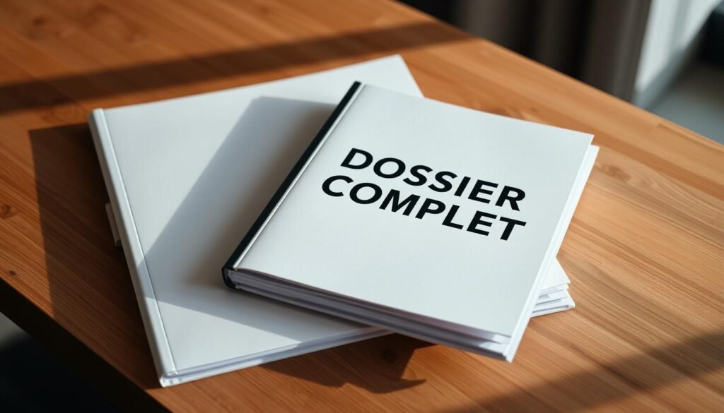 A neatly organized dossier with crisp, clean pages sits atop a sleek, modern wooden desk. The dossier's cover is emblazoned with the words "DOSSIER COMPLET" in a bold, professional font. Soft, directional lighting casts subtle shadows, highlighting the textures of the paper and the grain of the desk. The scene conveys a sense of efficiency, organization, and attention to detail - qualities essential for optimizing a loan application. The overall mood is one of focus, clarity, and a desire to present a comprehensive, well-prepared case.