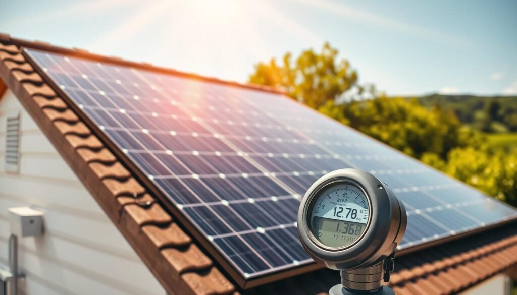 A residential rooftop solar panel system on a sunny day, capturing the sun's energy and powering a modern family home. The solar panels are neatly arranged, angled perfectly to maximize solar absorption. Sunlight streams down, casting warm, golden tones across the scene. In the foreground, a meter or display shows the energy being generated and consumed, illustrating the concept of self-consumption. The background features a lush, verdant landscape, conveying a sense of sustainability and eco-friendliness. The overall mood is one of clean, renewable energy and reduced electricity costs for the homeowners. A residential rooftop solar panel system on a sunny day, capturing the sun's energy and powering a modern family home. The solar panels are neatly arranged, angled perfectly to maximize solar absorption. Sunlight streams down, casting warm, golden tones across the scene. In the foreground, a meter or display shows the energy being generated and consumed, illustrating the concept of self-consumption. The background features a lush, verdant landscape, conveying a sense of sustainability and eco-friendliness. The overall mood is one of clean, renewable energy and reduced electricity costs for the homeowners.