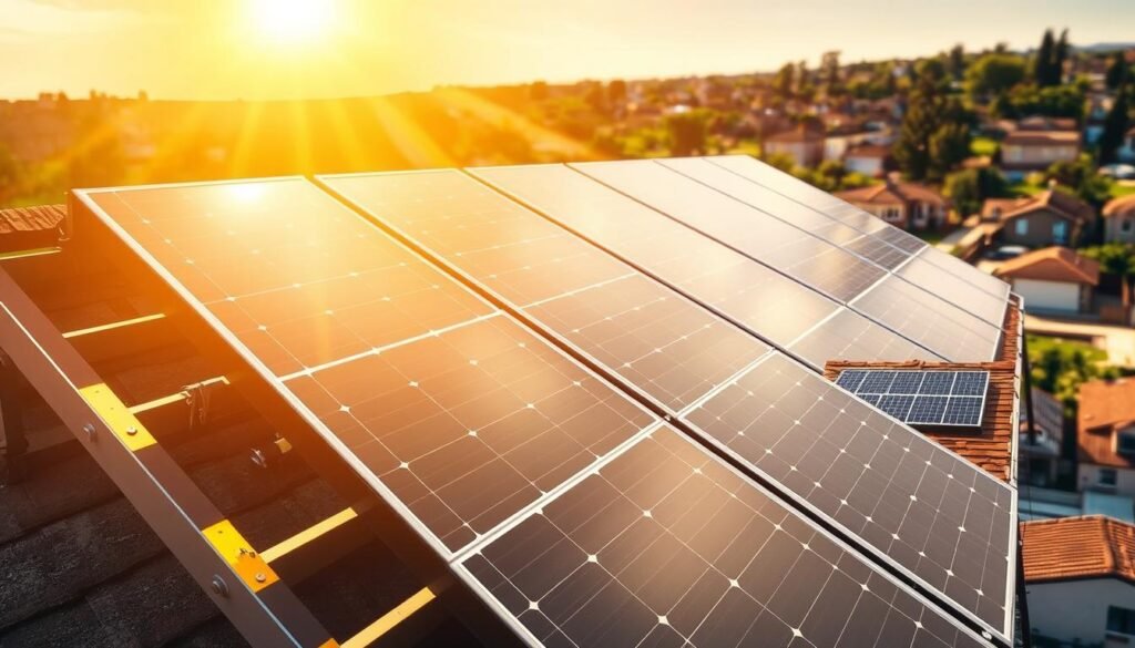 A solar panel installation in a bright, sun-drenched setting. Sleek, modern panels mounted securely on a sturdy roof frame, their glossy surfaces reflecting the warm, golden sunlight. The installation process is depicted in a step-by-step manner, showcasing the simplicity and efficiency of the setup. The foreground features a close-up view of the panel connections, highlighting the user-friendly nature of the installation. The middle ground shows the full installation, with the panels seamlessly integrated into the roofline. The background depicts a picturesque suburban or rural landscape, emphasizing the sustainable and eco-friendly nature of the solar power solution. A solar panel installation in a bright, sun-drenched setting. Sleek, modern panels mounted securely on a sturdy roof frame, their glossy surfaces reflecting the warm, golden sunlight. The installation process is depicted in a step-by-step manner, showcasing the simplicity and efficiency of the setup. The foreground features a close-up view of the panel connections, highlighting the user-friendly nature of the installation. The middle ground shows the full installation, with the panels seamlessly integrated into the roofline. The background depicts a picturesque suburban or rural landscape, emphasizing the sustainable and eco-friendly nature of the solar power solution.
