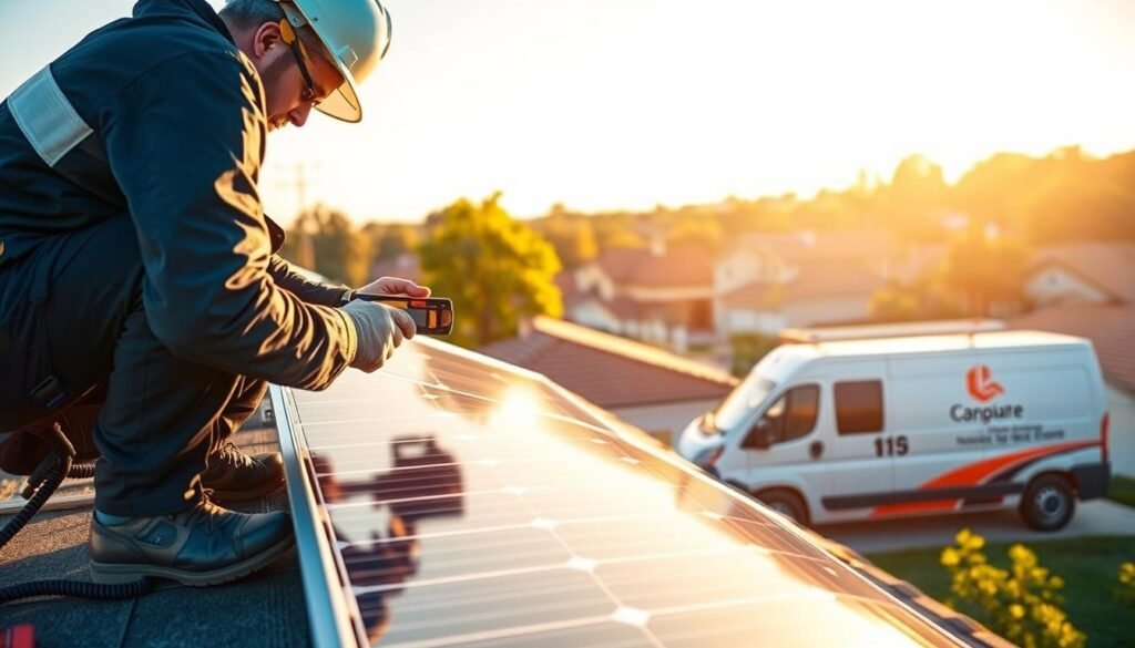 A solar panel technician skillfully repairing a damaged solar panel on a residential rooftop, bathed in warm, golden afternoon sunlight. The technician, wearing a uniform and safety gear, is using specialized tools to diagnose and fix the issue. In the middle ground, a van with the company's branding is visible, and the background shows a picturesque suburban neighborhood with lush greenery. The scene conveys professionalism, attention to detail, and a commitment to providing quality solar panel repair services.