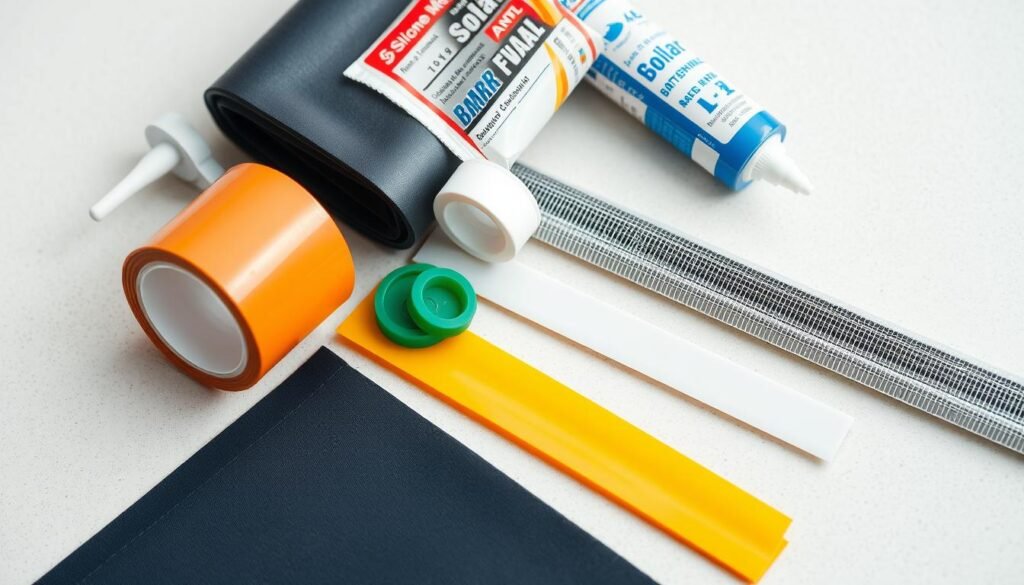 A well-lit close-up view of various materials used for solar panel waterproofing and repair, including silicone sealants, butyl tapes, rubber gaskets, and waterproof membranes. The items are neatly arranged on a clean, neutral-colored surface, highlighting their textures, colors, and practical applications. The lighting emphasizes the glossy, malleable nature of the materials, conveying a sense of quality and functionality. The image has a crisp, technical aesthetic suitable for illustrating a section on recommended materials for solar panel leak repair.