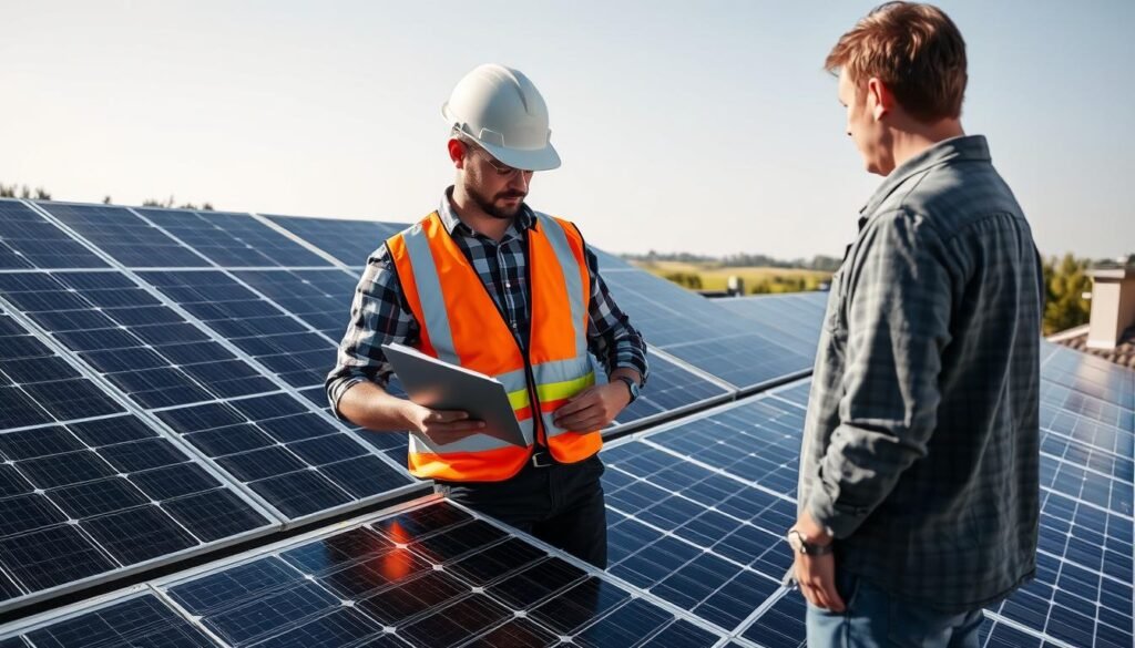 A well-lit, high-quality photograph of a professional solar panel installer inspecting and measuring a residential solar panel system, with the homeowner observing. The installer is wearing a hard hat, safety vest, and carrying a clipboard. The solar panels are mounted on the rooftop, with the surrounding landscape visible in the background, suggesting a suburban or rural setting. The lighting is natural, with soft shadows and highlights accentuating the details of the scene. The image conveys a sense of expertise, diligence, and collaboration between the installer and the homeowner. A well-lit, high-quality photograph of a professional solar panel installer inspecting and measuring a residential solar panel system, with the homeowner observing. The installer is wearing a hard hat, safety vest, and carrying a clipboard. The solar panels are mounted on the rooftop, with the surrounding landscape visible in the background, suggesting a suburban or rural setting. The lighting is natural, with soft shadows and highlights accentuating the details of the scene. The image conveys a sense of expertise, diligence, and collaboration between the installer and the homeowner.