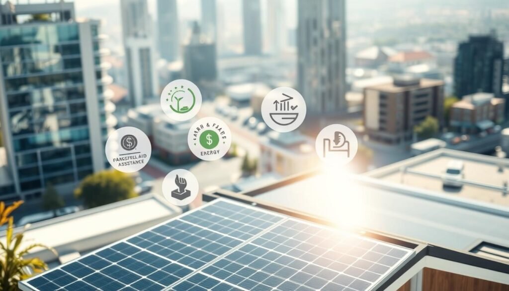 A well-lit scene depicting financial aid for solar panels. In the foreground, a solar panel array sits atop a modern home, its gleaming glass panels catching the sun's rays. In the middle ground, government logos and symbols representing various incentive programs and subsidies float around the home, indicating the available financial assistance. The background features a softly blurred cityscape, with towering office buildings and bustling streets, conveying the urban context. The overall mood is one of optimism and accessibility, inviting homeowners to embrace renewable energy solutions. The lighting is natural and diffused, creating a warm, inviting atmosphere. A well-lit scene depicting financial aid for solar panels. In the foreground, a solar panel array sits atop a modern home, its gleaming glass panels catching the sun's rays. In the middle ground, government logos and symbols representing various incentive programs and subsidies float around the home, indicating the available financial assistance. The background features a softly blurred cityscape, with towering office buildings and bustling streets, conveying the urban context. The overall mood is one of optimism and accessibility, inviting homeowners to embrace renewable energy solutions. The lighting is natural and diffused, creating a warm, inviting atmosphere.