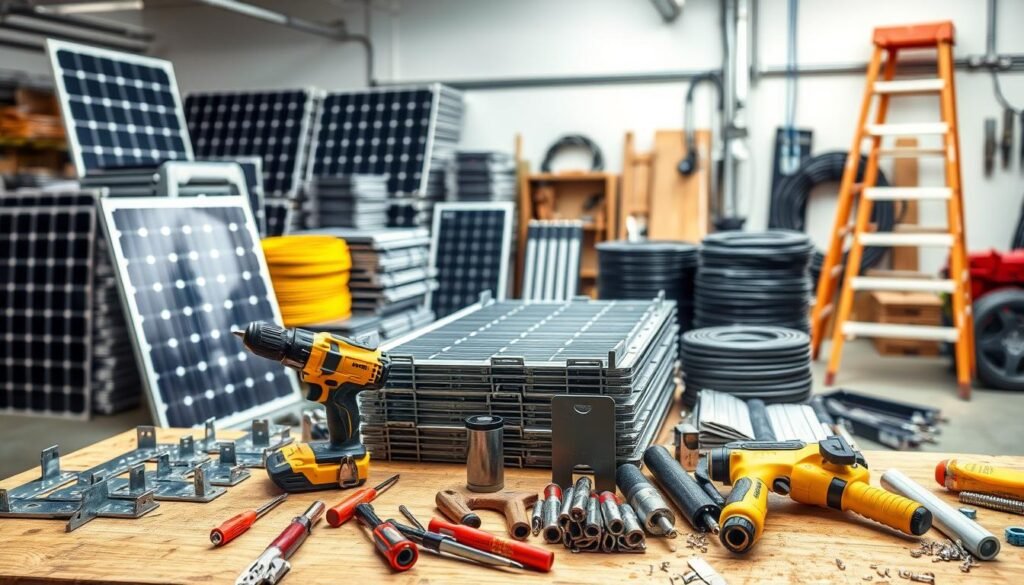 A well-lit workshop setting, showcasing an assortment of tools and materials necessary for solar panel installation. In the foreground, a set of power drills, screwdrivers, and a caulking gun arranged neatly on a workbench. In the middle ground, various metal brackets, mounting rails, and fasteners, each clearly visible and ready for use. The background features stacks of solar panels, coils of electrical cables, and a ladder, indicating the scale and complexity of the installation process. The overall scene conveys a sense of professional expertise and attention to detail, perfectly suited for illustrating the "Tools and Materials" section of the solar panel installation guide. A well-lit workshop setting, showcasing an assortment of tools and materials necessary for solar panel installation. In the foreground, a set of power drills, screwdrivers, and a caulking gun arranged neatly on a workbench. In the middle ground, various metal brackets, mounting rails, and fasteners, each clearly visible and ready for use. The background features stacks of solar panels, coils of electrical cables, and a ladder, indicating the scale and complexity of the installation process. The overall scene conveys a sense of professional expertise and attention to detail, perfectly suited for illustrating the "Tools and Materials" section of the solar panel installation guide.
