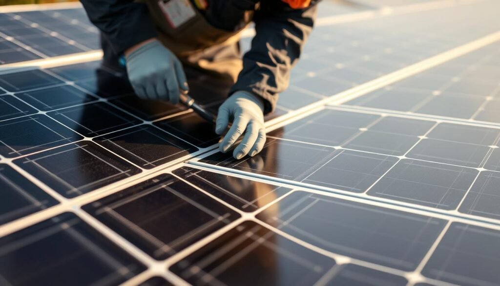 Maintenance of solar panels, a detailed close-up view. A technician inspecting the panels, examining the connections and checking for any dirt or debris. Warm afternoon sunlight casts soft shadows, highlighting the intricate components. The panels are positioned at a slight angle, optimizing the angle of the sun's rays. The background is blurred, keeping the focus on the meticulously maintained solar array. Crisp, high-resolution details showcase the importance of regular upkeep to extend the lifespan of this renewable energy system. Maintenance of solar panels, a detailed close-up view. A technician inspecting the panels, examining the connections and checking for any dirt or debris. Warm afternoon sunlight casts soft shadows, highlighting the intricate components. The panels are positioned at a slight angle, optimizing the angle of the sun's rays. The background is blurred, keeping the focus on the meticulously maintained solar array. Crisp, high-resolution details showcase the importance of regular upkeep to extend the lifespan of this renewable energy system.