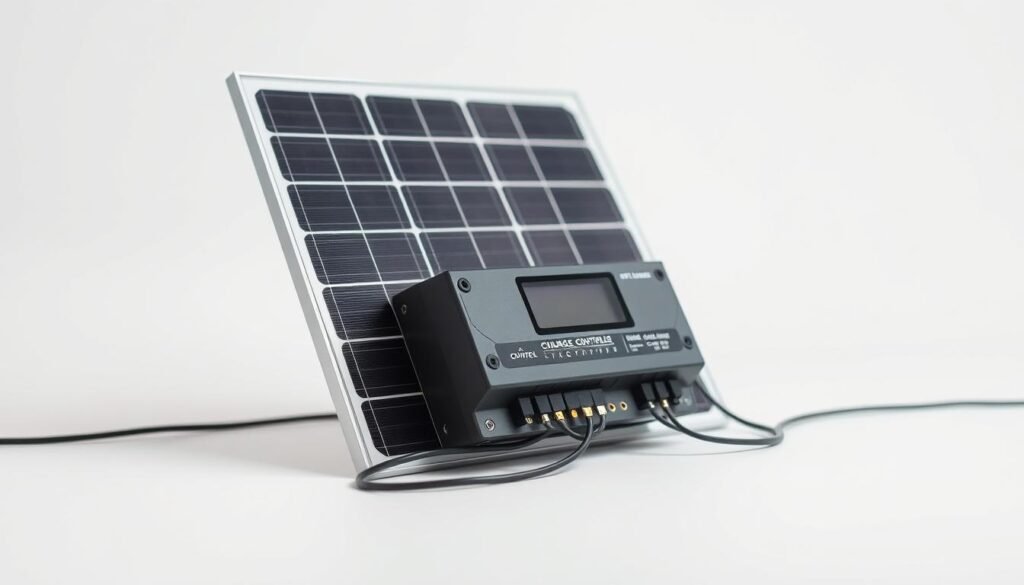 A close-up view of a solar panel being connected to a charge controller, set against a plain white background. The solar panel is positioned at a slight angle, with its metal frame and glass surface clearly visible. The charge controller, with its various input and output ports, is connected to the solar panel via sturdy cables. The scene is brightly lit, emphasizing the technical details and the clean, minimalist composition. The overall mood is one of precision, efficiency, and a focus on the essential components of a solar power system.