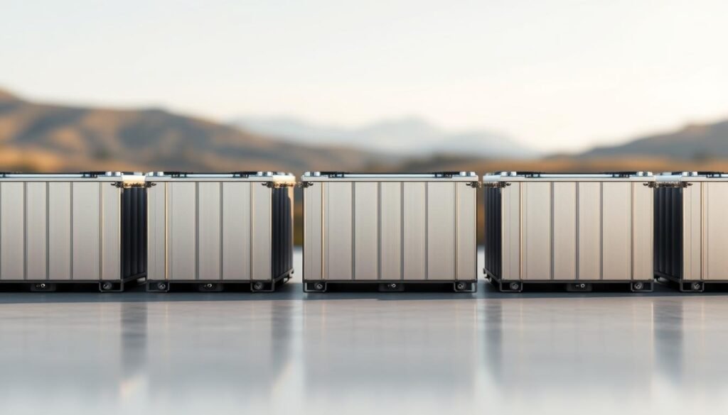 A close-up view of several high-capacity solar batteries arranged in a neat grid, their sleek metallic casings gleaming under soft, diffused lighting. The batteries are positioned atop a smooth, reflective surface, creating an elegant and minimalist composition. In the background, a softly blurred landscape suggests a serene, natural setting, hinting at the batteries' role in powering sustainable off-grid adventures. The overall mood is one of efficiency, innovation, and environmental harmony, perfectly capturing the essence of "Batteries solaires : stocker l'énergie efficacement." A close-up view of several high-capacity solar batteries arranged in a neat grid, their sleek metallic casings gleaming under soft, diffused lighting. The batteries are positioned atop a smooth, reflective surface, creating an elegant and minimalist composition. In the background, a softly blurred landscape suggests a serene, natural setting, hinting at the batteries' role in powering sustainable off-grid adventures. The overall mood is one of efficiency, innovation, and environmental harmony, perfectly capturing the essence of "Batteries solaires : stocker l'énergie efficacement."