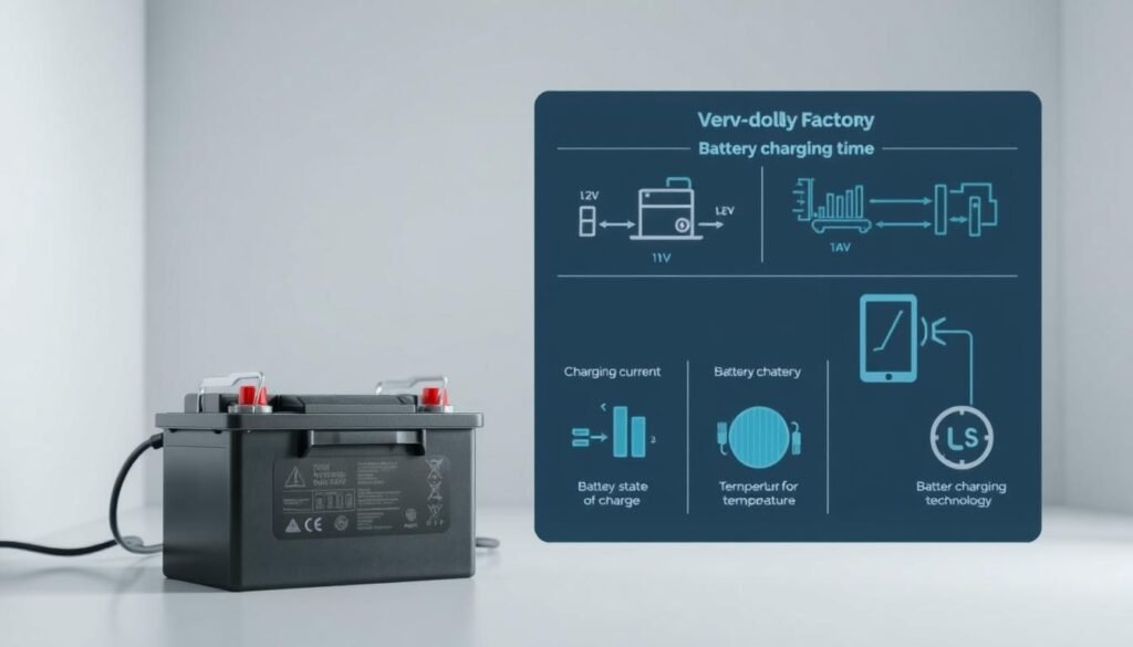 A detailed close-up illustration of the key factors influencing battery charging time. In the foreground, a 12V 100Ah lead-acid battery, its terminals and connections clearly visible. In the middle ground, technical diagrams and charts depicting the impact of factors like charging current, battery state-of-charge, temperature, and charging technology. The background features a neutral, minimalist setting with clean lines and soft lighting, allowing the technical details to take center stage. The overall mood is informative and technical, designed to educate the viewer on the intricacies of optimizing battery charging performance.