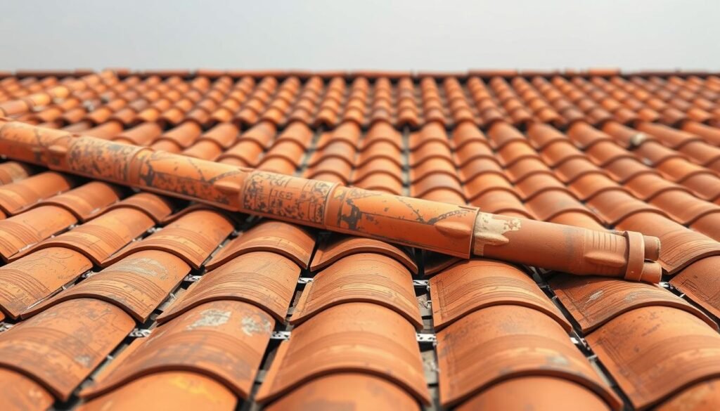 A detailed rooftop scene featuring French tiled roofing standards. In the foreground, a close-up view of precisely laid terracotta roof tiles, each with intricate patterns and textures. In the middle ground, a broader perspective showcases the overall rooftop structure, with clean lines and symmetrical tile placement. The background gradually transitions to a soft, hazy sky, creating a sense of depth and atmosphere. The lighting is natural and diffused, casting gentle shadows that accentuate the dimensional qualities of the tiles. The composition emphasizes the technical precision and aesthetic appeal of the traditional French tiled roofing system, suitable for illustrating the essential standards for solar panel installation on such roofs.