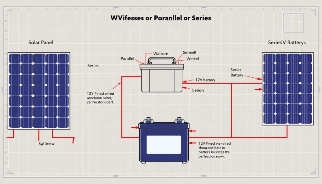 A detailed schematic diagram of a parallel and series configuration for connecting solar panels to a 12V battery. The foreground shows two solar panels, one wired in parallel and one in series, with clear labeling of the voltage and current flows. The middle ground depicts the 12V battery, with detailed connections showing how the parallel and series configurations charge the battery differently. The background features a neutral-toned technical blueprint style, with precise measurements and annotations explaining the key differences between the two setups. The overall mood is informative and technically precise, conveying the important concepts clearly through a well-designed visual aid. A detailed schematic diagram of a parallel and series configuration for connecting solar panels to a 12V battery. The foreground shows two solar panels, one wired in parallel and one in series, with clear labeling of the voltage and current flows. The middle ground depicts the 12V battery, with detailed connections showing how the parallel and series configurations charge the battery differently. The background features a neutral-toned technical blueprint style, with precise measurements and annotations explaining the key differences between the two setups. The overall mood is informative and technically precise, conveying the important concepts clearly through a well-designed visual aid.