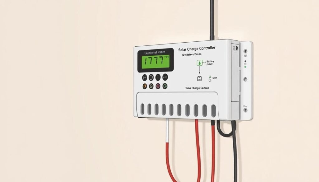 A detailed, technical illustration of a solar charge controller mounted on a wall, with a 12V battery bank and solar panel connections visible. The controller features a digital display, various ports, and control knobs. The scene is brightly lit, with a clean, minimalist aesthetic that emphasizes the device's functionality. The background is a neutral, light-colored wall, allowing the charge controller to be the focal point. The overall mood is one of precision, order, and professionalism, reflecting the step-by-step installation process described in the article. A detailed, technical illustration of a solar charge controller mounted on a wall, with a 12V battery bank and solar panel connections visible. The controller features a digital display, various ports, and control knobs. The scene is brightly lit, with a clean, minimalist aesthetic that emphasizes the device's functionality. The background is a neutral, light-colored wall, allowing the charge controller to be the focal point. The overall mood is one of precision, order, and professionalism, reflecting the step-by-step installation process described in the article.