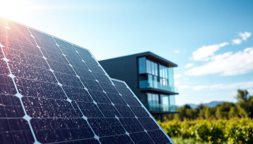 A serene, well-lit scene depicting the advantages of transparent solar panels. In the foreground, a modern, sleek solar panel with a translucent, shimmering surface allows natural light to filter through. The middle ground showcases a residential building with a partially glass facade, the transparent panels seamlessly integrated, allowing unobstructed views. In the background, lush greenery and a clear sky create a calming, natural ambiance. The lighting is soft and diffused, highlighting the panel's elegant design and the harmony between technology and the environment. The overall mood is one of efficiency, sustainability, and the fusion of renewable energy with architectural aesthetics.
