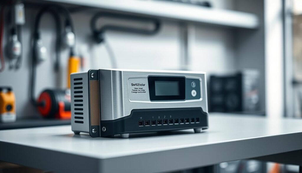 A sleek, metallic solar charge controller sitting on a clean workbench, bathed in soft, directional lighting. The device has a digital display and various input/output ports, conveying its technical nature. The background is blurred, creating a sense of focus on the charge controller as the central subject. The overall scene exudes a professional, well-lit ambiance, suitable for illustrating the installation of a solar charge regulator in a DIY renewable energy setup.