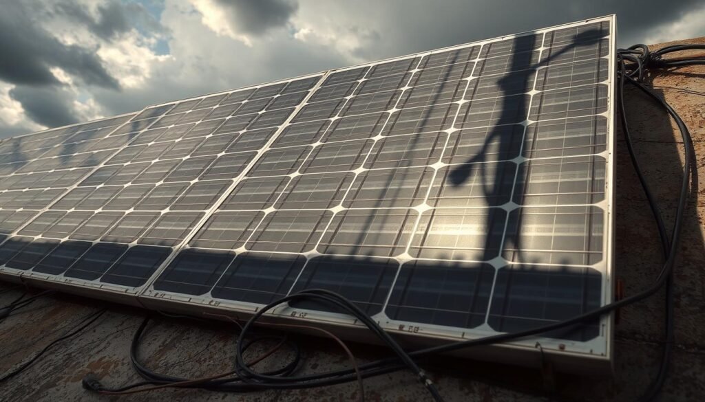 A solar panel array casting dynamic shadows on a weathered concrete surface, partially obscured by tangled cables and wires. The panels appear worn, with visible blemishes and distortions, symbolizing the limitations of amorphous solar technology. The lighting is harsh, creating high-contrast highlights and deep shadows, evoking a sense of struggle and inefficiency. In the background, a cloudy sky hints at the panel's dependence on unpredictable environmental conditions. The overall composition conveys the inconveniences and drawbacks associated with amorphous solar panels.