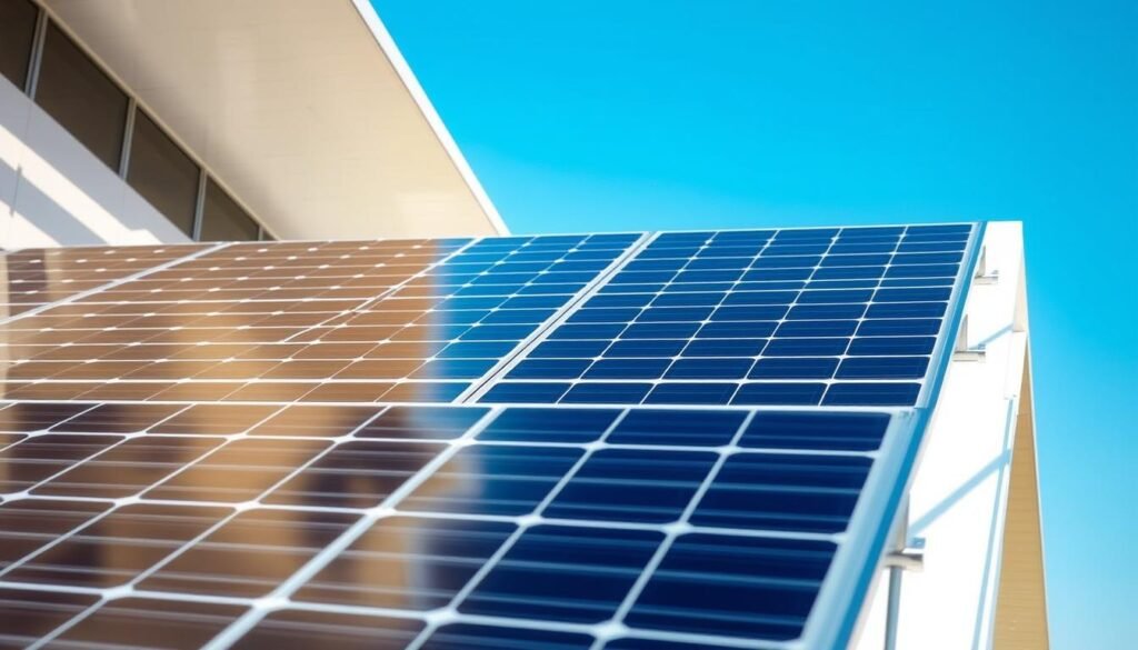 A solar panel installation in a well-lit, modern architectural setting. The panels are meticulously aligned, casting clean geometric shadows on the surrounding surfaces. The foreground showcases the optimized panel arrangement, with a focus on the intricate wiring and mounting hardware. The middle ground features the sleek, minimalist design of the panels, complemented by the architectural elements. In the background, a clear blue sky provides a serene and inviting atmosphere, emphasizing the efficiency and sustainability of the installation. A solar panel installation in a well-lit, modern architectural setting. The panels are meticulously aligned, casting clean geometric shadows on the surrounding surfaces. The foreground showcases the optimized panel arrangement, with a focus on the intricate wiring and mounting hardware. The middle ground features the sleek, minimalist design of the panels, complemented by the architectural elements. In the background, a clear blue sky provides a serene and inviting atmosphere, emphasizing the efficiency and sustainability of the installation.