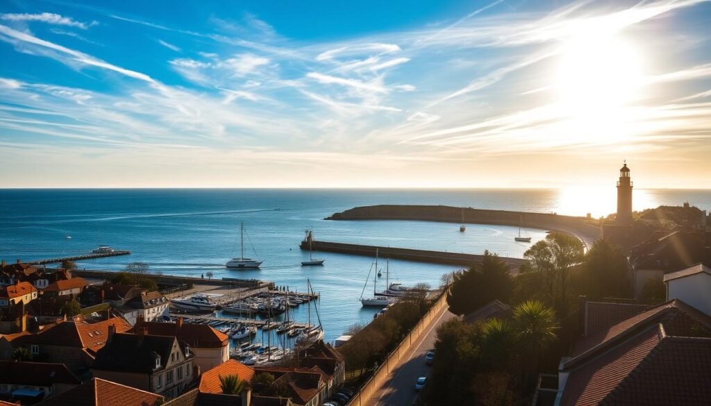 A stunning seaside landscape in La Rochelle, France, basking in the warm glow of the sun. In the foreground, a picturesque harbor bustles with activity, sailboats and fishing vessels drifting across the shimmering waters. The middle ground features rows of charming buildings with terracotta roofs, their facades casting long shadows on the cobblestone streets below. In the background, the silhouettes of wind-swept trees and the majestic Vieux Port lighthouse stand tall, framing the scene. The sky is a brilliant blue, dotted with wispy clouds that seem to dance in the gentle breeze. The overall atmosphere is one of tranquility and natural beauty, highlighting the exceptional solar potential of this coastal region. A stunning seaside landscape in La Rochelle, France, basking in the warm glow of the sun. In the foreground, a picturesque harbor bustles with activity, sailboats and fishing vessels drifting across the shimmering waters. The middle ground features rows of charming buildings with terracotta roofs, their facades casting long shadows on the cobblestone streets below. In the background, the silhouettes of wind-swept trees and the majestic Vieux Port lighthouse stand tall, framing the scene. The sky is a brilliant blue, dotted with wispy clouds that seem to dance in the gentle breeze. The overall atmosphere is one of tranquility and natural beauty, highlighting the exceptional solar potential of this coastal region.