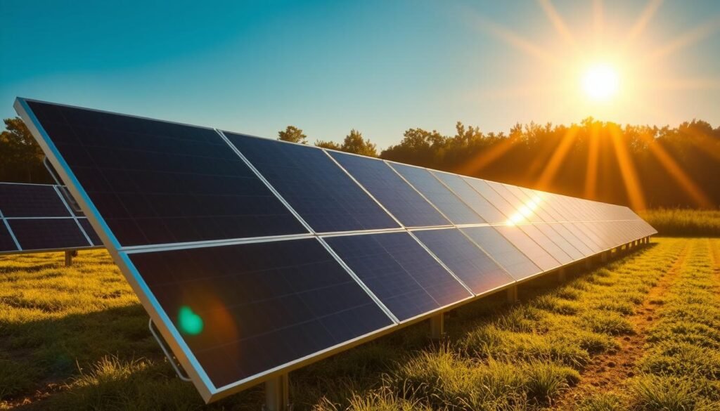 A sun-drenched landscape, showcasing a well-optimized solar panel array, strategically oriented to harness the maximum solar energy. The panels are positioned at an angle that captures the sun's rays at their most optimal trajectory, casting long shadows that emphasize their precise alignment. The scene is bathed in warm, golden light, creating a sense of efficiency and productivity. In the foreground, the panels stand tall, their sleek, modern design gleaming in the sunlight. The middle ground features a lush, verdant backdrop, hinting at the sustainable nature of this renewable energy solution. The overall composition conveys a harmonious balance between technology and nature, highlighting the importance of optimizing solar panel orientation for peak performance. A sun-drenched landscape, showcasing a well-optimized solar panel array, strategically oriented to harness the maximum solar energy. The panels are positioned at an angle that captures the sun's rays at their most optimal trajectory, casting long shadows that emphasize their precise alignment. The scene is bathed in warm, golden light, creating a sense of efficiency and productivity. In the foreground, the panels stand tall, their sleek, modern design gleaming in the sunlight. The middle ground features a lush, verdant backdrop, hinting at the sustainable nature of this renewable energy solution. The overall composition conveys a harmonious balance between technology and nature, highlighting the importance of optimizing solar panel orientation for peak performance.