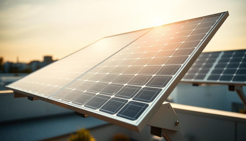 A well-lit, detailed close-up of a solar panel array optimized for maximum efficiency. The panels are mounted on a sleek, modern frame with adjustable angles, positioned to capture the sun's rays at the optimal angle. The solar cells have a glossy, reflective surface that captures light brilliantly. The background features a minimalist, urban landscape, emphasizing the panel's integration into a sustainable lifestyle. Warm, golden lighting creates a serene, contemplative atmosphere, highlighting the panel's role in powering an eco-friendly, off-grid existence. Technical details such as the panel's wattage, tilt, and orientation are subtly incorporated, conveying a sense of carefully considered design. A well-lit, detailed close-up of a solar panel array optimized for maximum efficiency. The panels are mounted on a sleek, modern frame with adjustable angles, positioned to capture the sun's rays at the optimal angle. The solar cells have a glossy, reflective surface that captures light brilliantly. The background features a minimalist, urban landscape, emphasizing the panel's integration into a sustainable lifestyle. Warm, golden lighting creates a serene, contemplative atmosphere, highlighting the panel's role in powering an eco-friendly, off-grid existence. Technical details such as the panel's wattage, tilt, and orientation are subtly incorporated, conveying a sense of carefully considered design.
