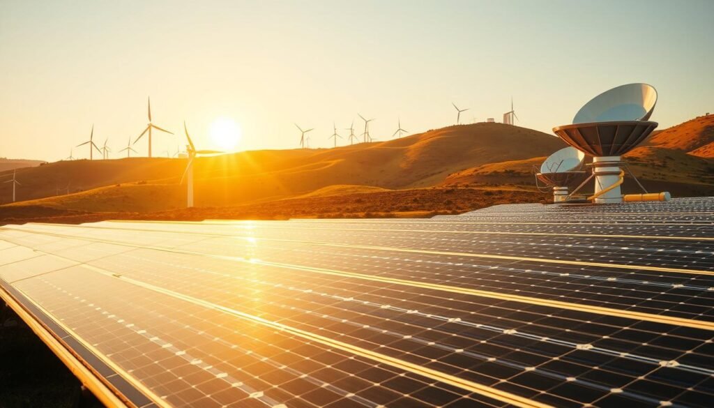 Comparaison of diverse solar technologies in a harmonious landscape. In the foreground, a meticulously rendered solar panel array, showcasing the distinct visual characteristics of amorphous, polycrystalline, and monocrystalline silicon modules. The middle ground features a sleek, modern solar concentrator system, its lenses and mirrors precisely angled to capture and focus sunlight. In the background, a rolling hillside dotted with wind turbines and a futuristic solar thermal installation, its mirrored parabolic dishes glinting in the warm afternoon light. The scene is bathed in a soft, golden glow, creating a contemplative, almost meditative atmosphere that invites the viewer to consider the relative merits and limitations of these innovative solar power solutions.