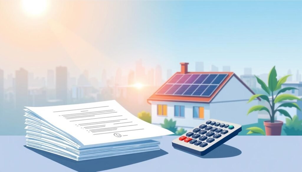 Detailed illustration of solar panel financial assistance program, showcasing various support options for homeowners. A bright, modern setting with a clean, minimalist aesthetic. In the foreground, a stack of documents and a calculator, representing the application process. In the middle ground, solar panels installed on a residential rooftop, casting a warm glow. The background features a city skyline, emphasizing the local community context. Soft lighting from above, creating a sense of professionalism and authority. Crisp, high-resolution rendering to convey the technical and practical nature of the subject matter. Detailed illustration of solar panel financial assistance program, showcasing various support options for homeowners. A bright, modern setting with a clean, minimalist aesthetic. In the foreground, a stack of documents and a calculator, representing the application process. In the middle ground, solar panels installed on a residential rooftop, casting a warm glow. The background features a city skyline, emphasizing the local community context. Soft lighting from above, creating a sense of professionalism and authority. Crisp, high-resolution rendering to convey the technical and practical nature of the subject matter.