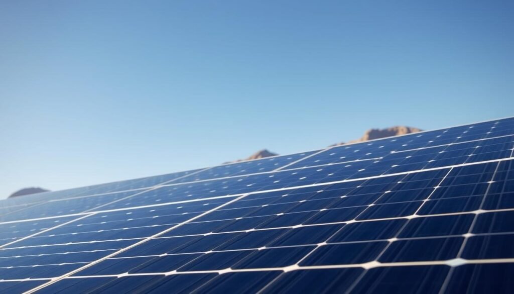 A clean, modern solar panel installation set against a clear blue sky, capturing the advantages of monocrystalline solar technology. The foreground features a sleek, black monocrystalline solar panel, its surface glistening under warm, directional lighting. The middle ground showcases a well-organized array of identical panels, neatly arranged to maximize efficiency. The background depicts a picturesque, mountainous landscape, emphasizing the renewable and environmentally-friendly nature of the energy source. The overall scene conveys a sense of progress, innovation, and the positive impact of monocrystalline solar power. A clean, modern solar panel installation set against a clear blue sky, capturing the advantages of monocrystalline solar technology. The foreground features a sleek, black monocrystalline solar panel, its surface glistening under warm, directional lighting. The middle ground showcases a well-organized array of identical panels, neatly arranged to maximize efficiency. The background depicts a picturesque, mountainous landscape, emphasizing the renewable and environmentally-friendly nature of the energy source. The overall scene conveys a sense of progress, innovation, and the positive impact of monocrystalline solar power.