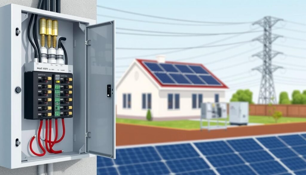 A detailed, technical illustration of a solar power system installation and grid connection process. In the foreground, a close-up view of the electrical panel, showing the junction box, circuit breakers, and wiring connections. In the middle ground, a residential home with solar panels installed on the roof, with the power inverter and monitoring equipment visible. In the background, the electric utility pole and power lines, representing the grid integration. The scene is well-lit, with a clean, technical aesthetic to convey the professionalism and precision of the solar installation. The overall mood is one of efficiency, reliability, and sustainable energy integration.