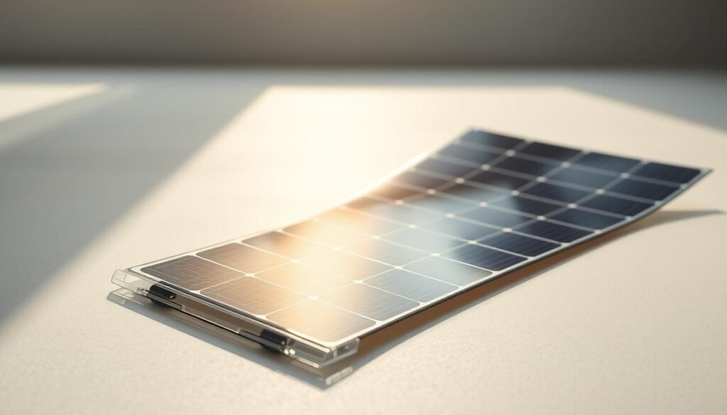 A flexible solar panel effortlessly generating clean energy, its sleek surface catching the sunlight at an optimal angle. In the foreground, a clear acrylic casing protects the photovoltaic cells, ensuring durability and weatherproofing. The middle ground showcases the panel's lightweight and portable design, with a subtle texture that blends form and function. The background features a minimalist, neutral-toned environment, emphasizing the panel's energy-saving capabilities and environmental benefits. Soft, diffused lighting highlights the panel's streamlined silhouette, conveying a sense of efficiency and technological sophistication. A flexible solar panel effortlessly generating clean energy, its sleek surface catching the sunlight at an optimal angle. In the foreground, a clear acrylic casing protects the photovoltaic cells, ensuring durability and weatherproofing. The middle ground showcases the panel's lightweight and portable design, with a subtle texture that blends form and function. The background features a minimalist, neutral-toned environment, emphasizing the panel's energy-saving capabilities and environmental benefits. Soft, diffused lighting highlights the panel's streamlined silhouette, conveying a sense of efficiency and technological sophistication.