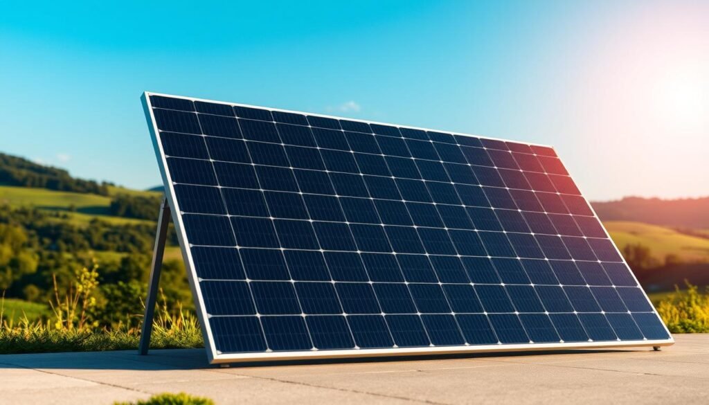 A high-efficiency 500W solar panel, positioned in a scenic outdoor setting with a clear blue sky. The panel's sleek, modern design is highlighted by warm, directional lighting, casting dramatic shadows and reflections across its surface. The foreground showcases the panel's robust construction and cutting-edge solar cell technology, while the middle ground reveals its impressive scale and the surrounding landscape. In the background, lush greenery and rolling hills create a serene, natural environment, underscoring the panel's eco-friendly capabilities. The overall composition conveys a sense of power, efficiency, and harmony between technology and nature.