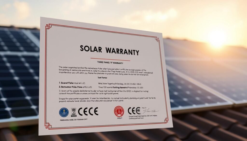 A high-resolution, photorealistic image of a three-phase solar panel warranty certificate. The certificate is displayed against a soft, blurred background of solar panels installed on a roof, with the sun shining in the distance. The certificate is prominently featured, showcasing the manufacturer's logo, warranty details, and certifications. The lighting is natural and even, highlighting the textures and fine details of the document. The composition places the certificate in the center, with the solar panels framing it in the background, conveying the importance of the warranty information to the overall solar panel installation. A high-resolution, photorealistic image of a three-phase solar panel warranty certificate. The certificate is displayed against a soft, blurred background of solar panels installed on a roof, with the sun shining in the distance. The certificate is prominently featured, showcasing the manufacturer's logo, warranty details, and certifications. The lighting is natural and even, highlighting the textures and fine details of the document. The composition places the certificate in the center, with the solar panels framing it in the background, conveying the importance of the warranty information to the overall solar panel installation.