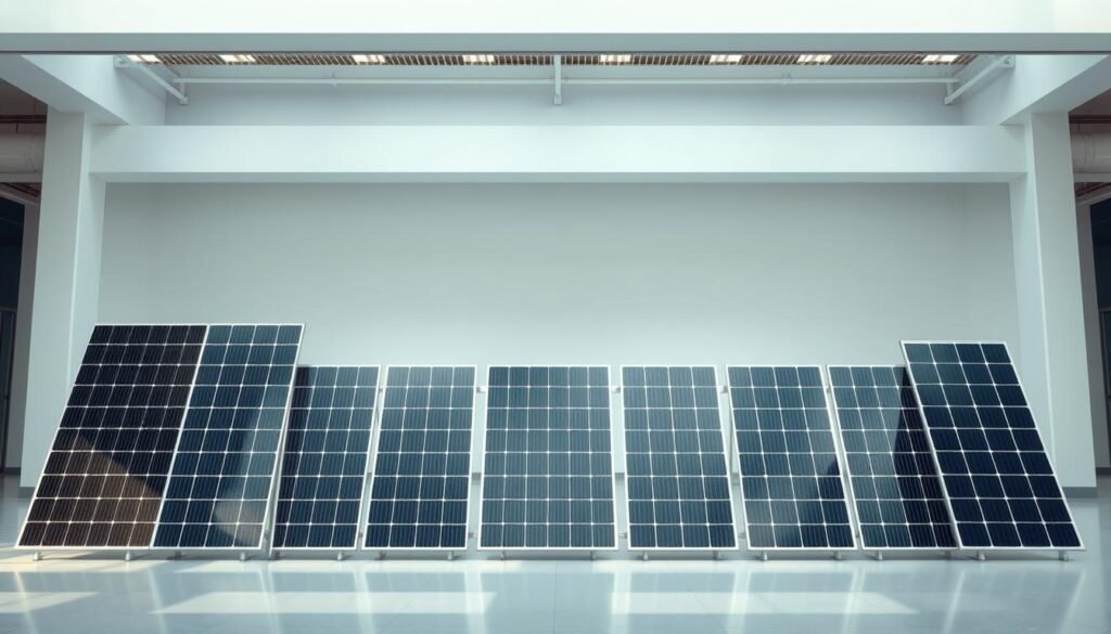 A lineup of high-efficiency solar panels in a well-lit, contemporary setting. The panels are positioned at various angles, allowing for a detailed side-by-side comparison of their size, design, and power output capabilities. The background features a clean, minimalist environment with subtle hints of urban architecture, conveying a sense of technological sophistication. Soft, directional lighting from above accentuates the sleek, modern aesthetics of the solar panels, creating depth and highlighting their key features. The overall scene is visually balanced, inviting the viewer to closely examine and compare the characteristics of these state-of-the-art renewable energy solutions.