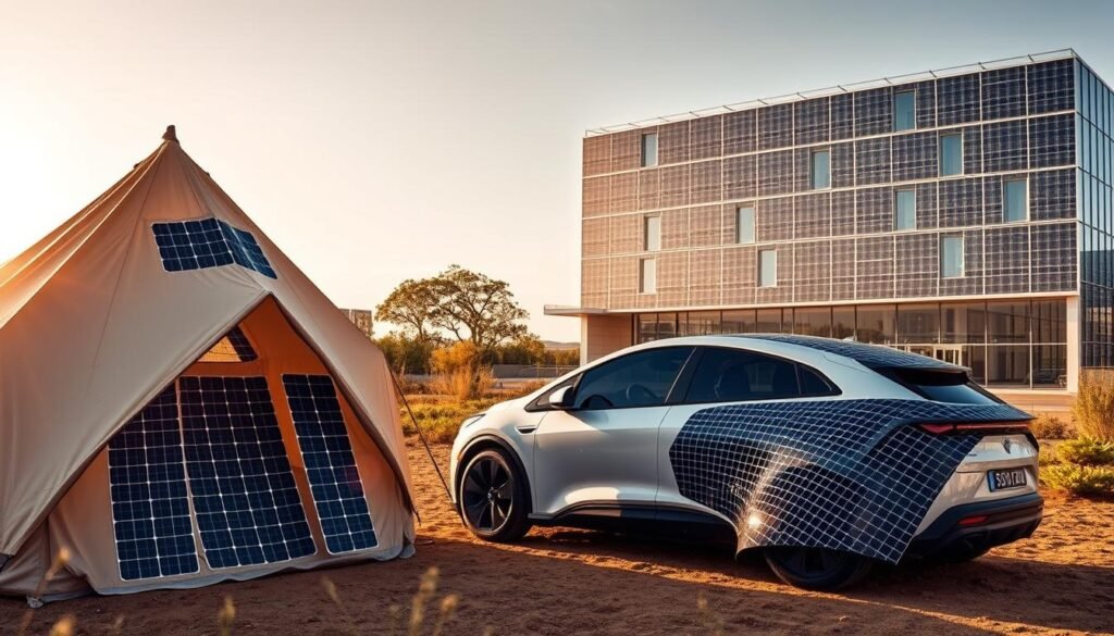 A panoramic view of various flexible solar panel applications, capturing their versatility and integration into diverse settings. In the foreground, a large outdoor canvas tent is adorned with flexible solar panels, harnessing the sun's energy for off-grid camping. In the middle ground, a sleek, futuristic-looking electric vehicle is outfitted with a seamless array of flexible solar cells, charging as it drives. In the background, a modern, energy-efficient building showcases a facade covered in flexible solar panels, blending seamlessly with the architecture. The scene is bathed in warm, natural lighting, highlighting the organic and adaptable nature of these flexible solar solutions. A panoramic view of various flexible solar panel applications, capturing their versatility and integration into diverse settings. In the foreground, a large outdoor canvas tent is adorned with flexible solar panels, harnessing the sun's energy for off-grid camping. In the middle ground, a sleek, futuristic-looking electric vehicle is outfitted with a seamless array of flexible solar cells, charging as it drives. In the background, a modern, energy-efficient building showcases a facade covered in flexible solar panels, blending seamlessly with the architecture. The scene is bathed in warm, natural lighting, highlighting the organic and adaptable nature of these flexible solar solutions.