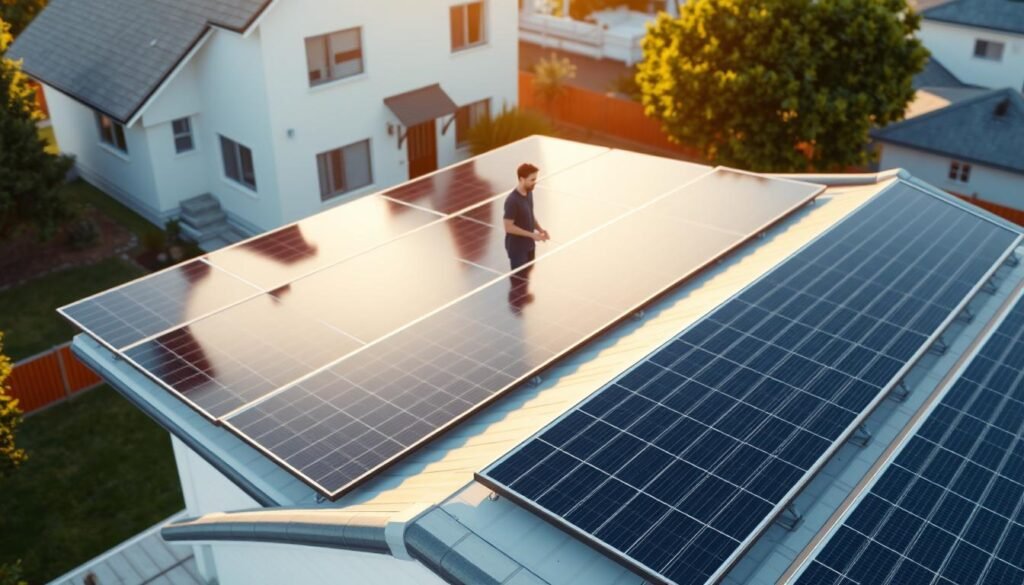 A photorealistic image of an array of solar panels on the roof of a modern, two-story residential house with a spacious backyard. The panels are arranged in neat rows, their sleek black surfaces catching the warm glow of the sun. The scene is bathed in soft, natural lighting, creating subtle shadows and highlights that accentuate the panels' clean, geometric design. The roofline is visible, seamlessly integrating the solar array into the overall architectural aesthetic. The image provides a clear, detailed representation of the type and quantity of solar panels required for a 200 square meter home, serving as a visual aid for the article's section on estimating solar panel needs.