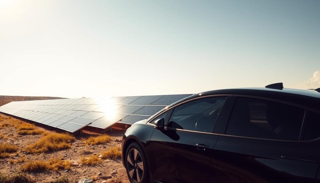 A sun-drenched landscape with a modern electric vehicle parked in the foreground, its sleek body reflected in the glossy surface of the car. In the middle ground, a series of highly efficient solar panels are neatly arranged, their angular silhouettes casting long shadows across the ground. The panels are meticulously calibrated, angled to capture the maximum sunlight, their surfaces gleaming under the bright, evenly diffused lighting. The background features a cloudless sky, creating a serene and tranquil atmosphere, emphasizing the harmony between the vehicle, the solar panels, and the natural environment. A sun-drenched landscape with a modern electric vehicle parked in the foreground, its sleek body reflected in the glossy surface of the car. In the middle ground, a series of highly efficient solar panels are neatly arranged, their angular silhouettes casting long shadows across the ground. The panels are meticulously calibrated, angled to capture the maximum sunlight, their surfaces gleaming under the bright, evenly diffused lighting. The background features a cloudless sky, creating a serene and tranquil atmosphere, emphasizing the harmony between the vehicle, the solar panels, and the natural environment.
